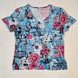 Nygard Collection Petites Medium Blue Pink Nautical Map Floral V-Neck Top Shirt
